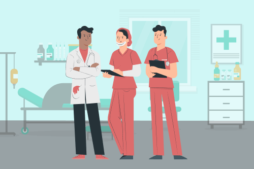 A doctor and two certified nursing assistants (CNAs) discussing their CNA skills while in a hospital environment