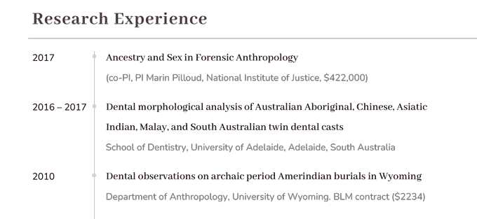 Example of CV format for a research experience section.