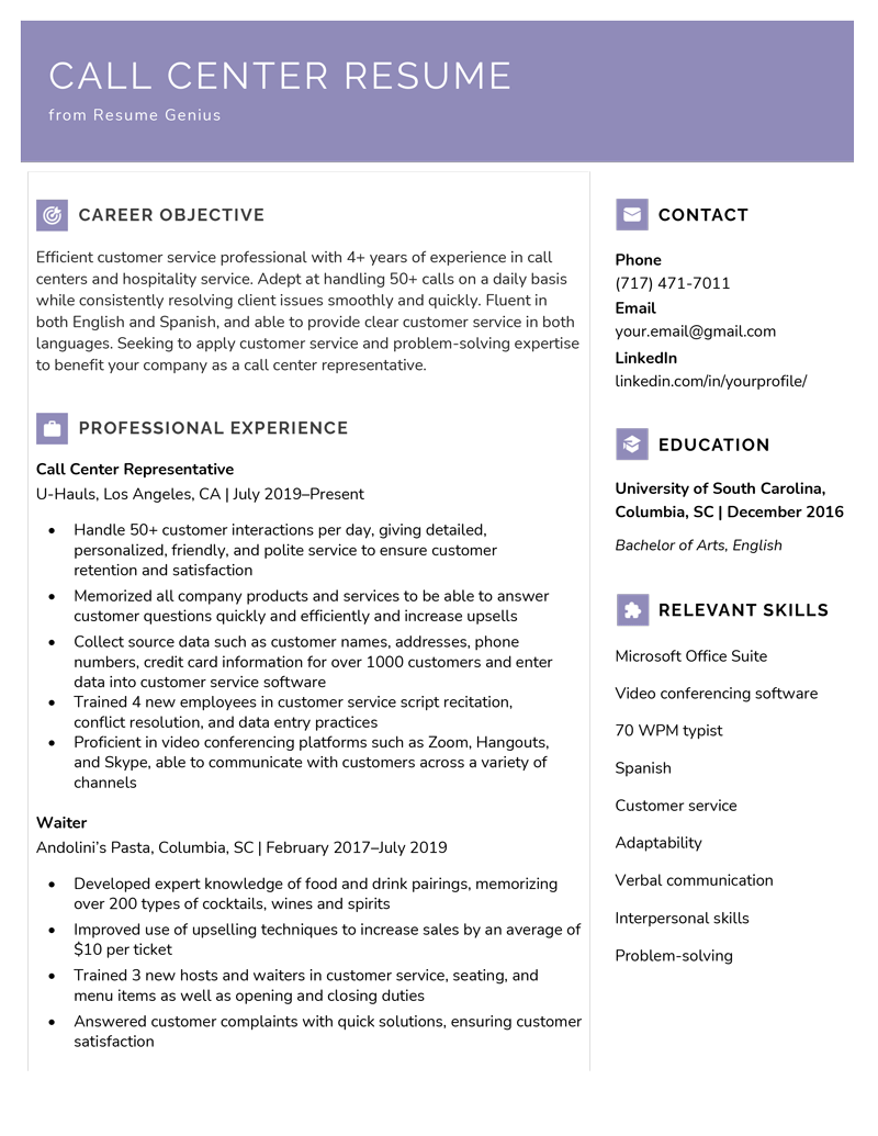 Example of a call center resume.