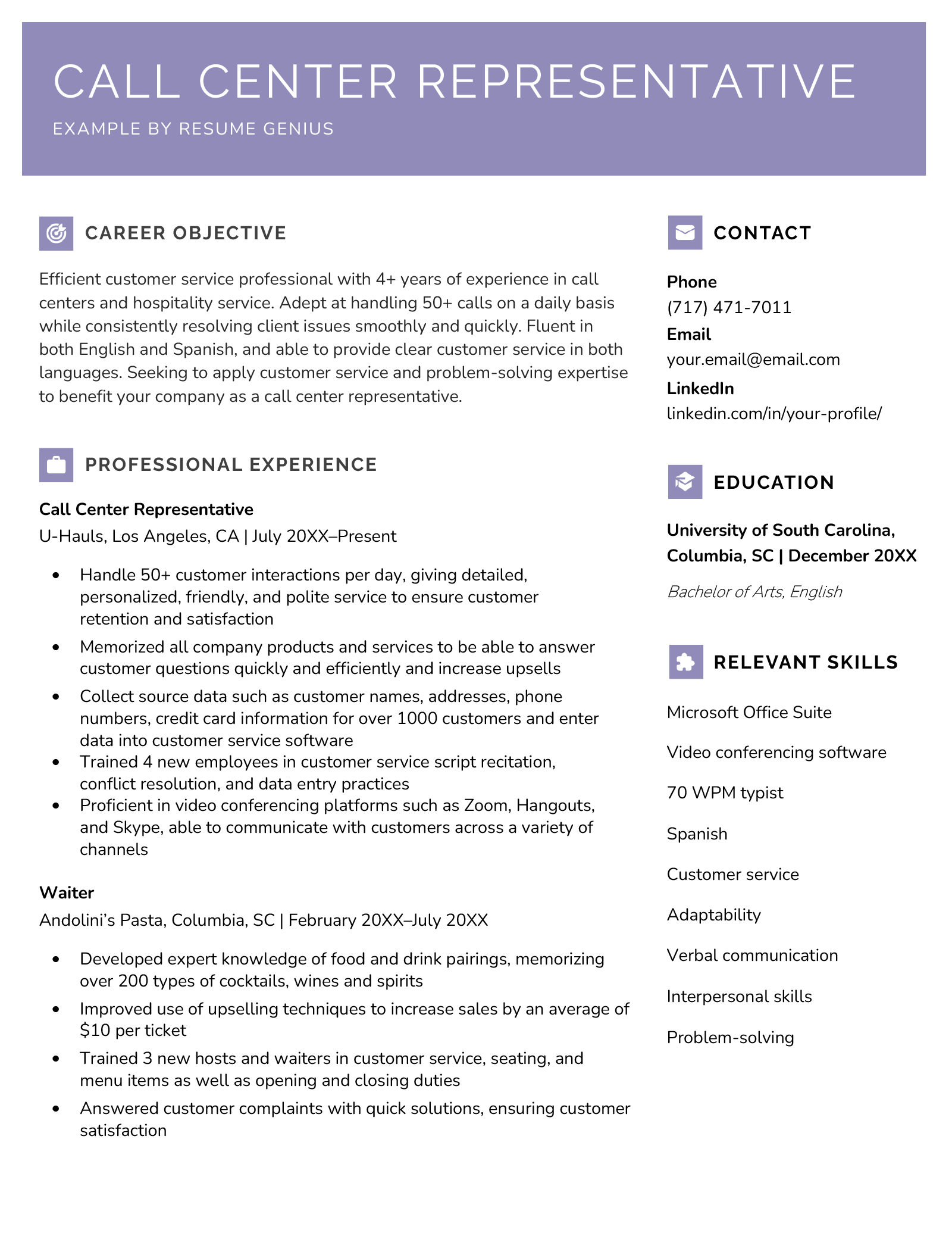 resume for a call center representative