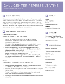 Example of a call center resume.