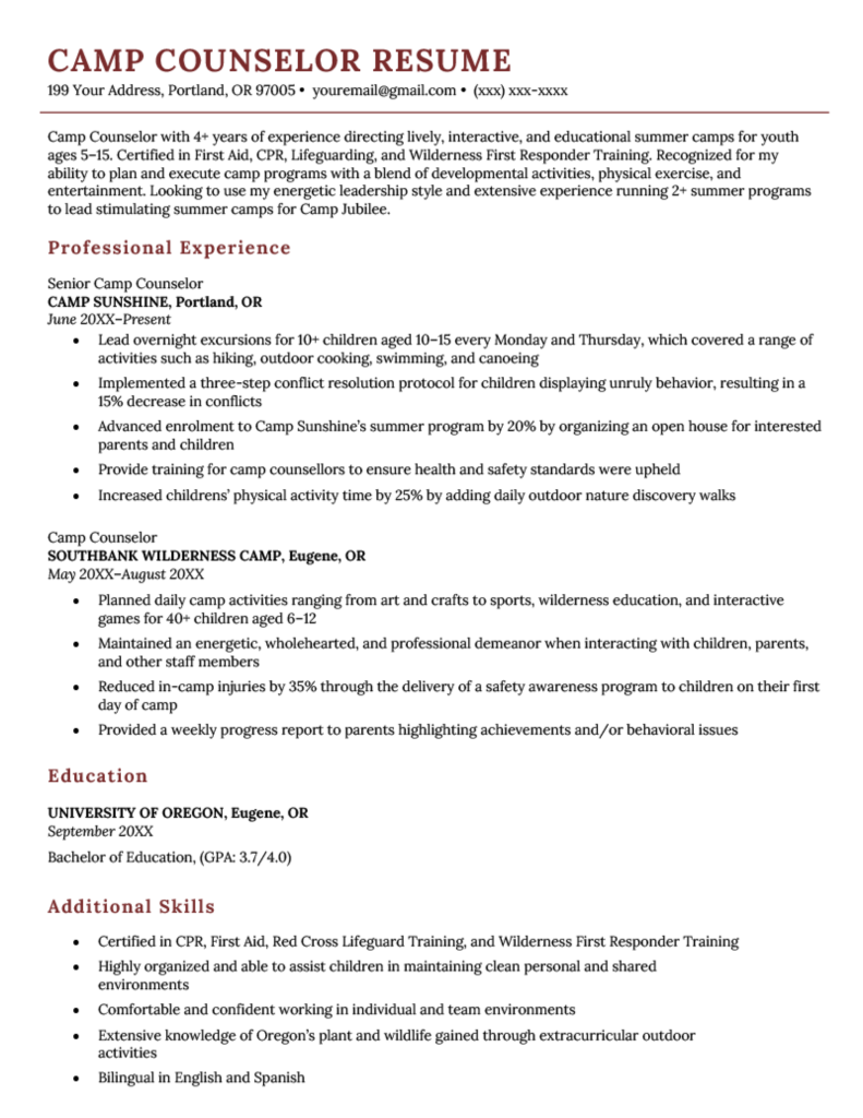 Camp Counselor Resume Example - Camp Counselor Resume Example Milano Brick Red 791x1024