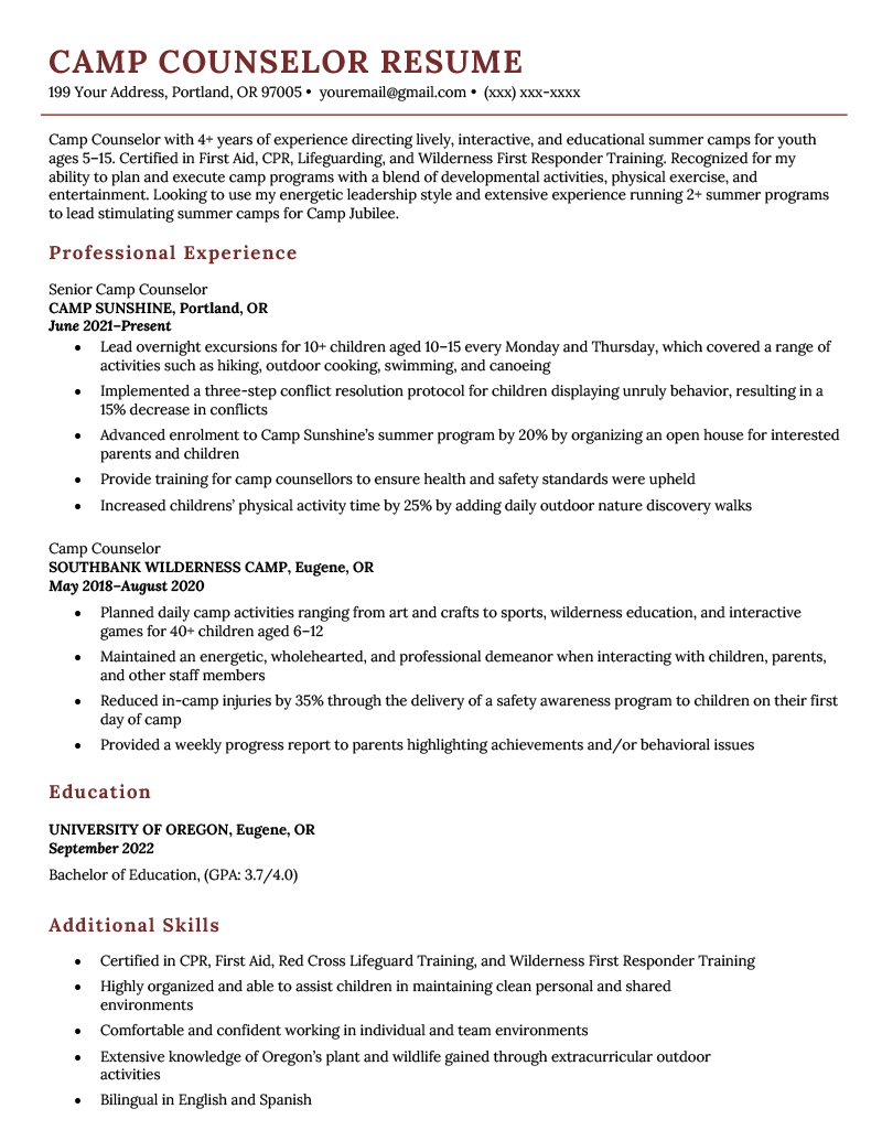 Camp counselor resume example