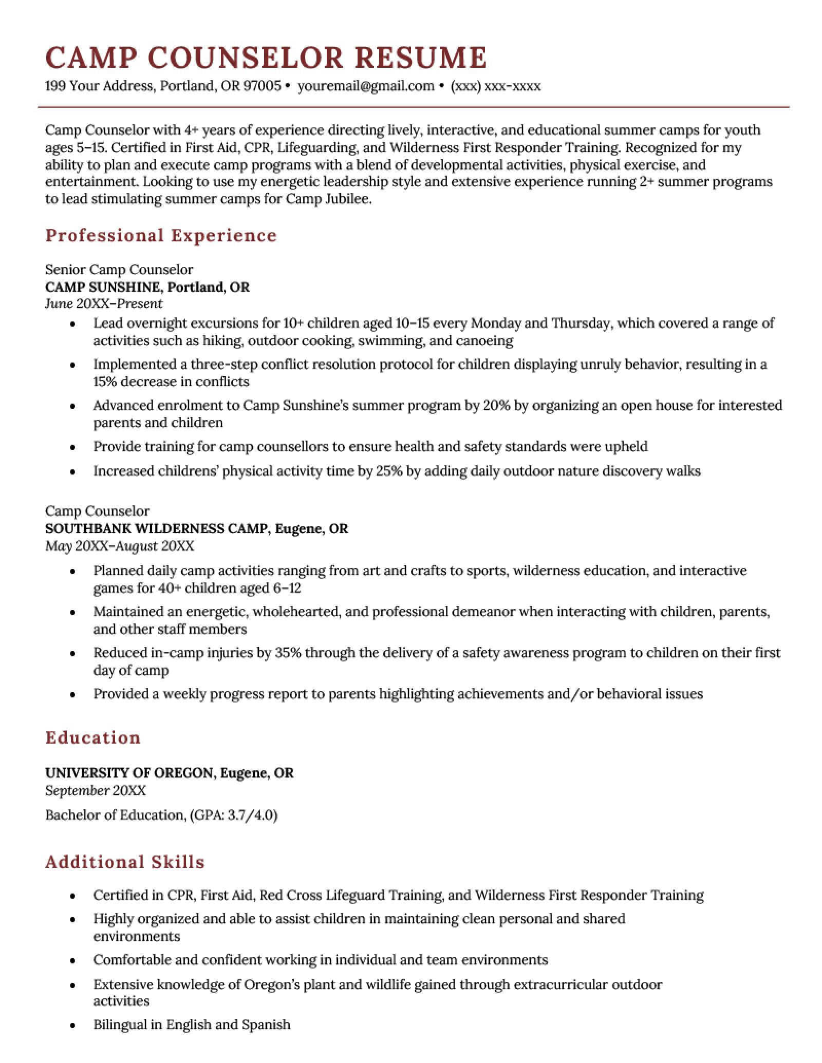 Camp counselor resume example