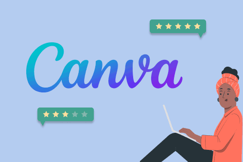 Graphic showing Canva logo and a woman making her resume for our Canva review.