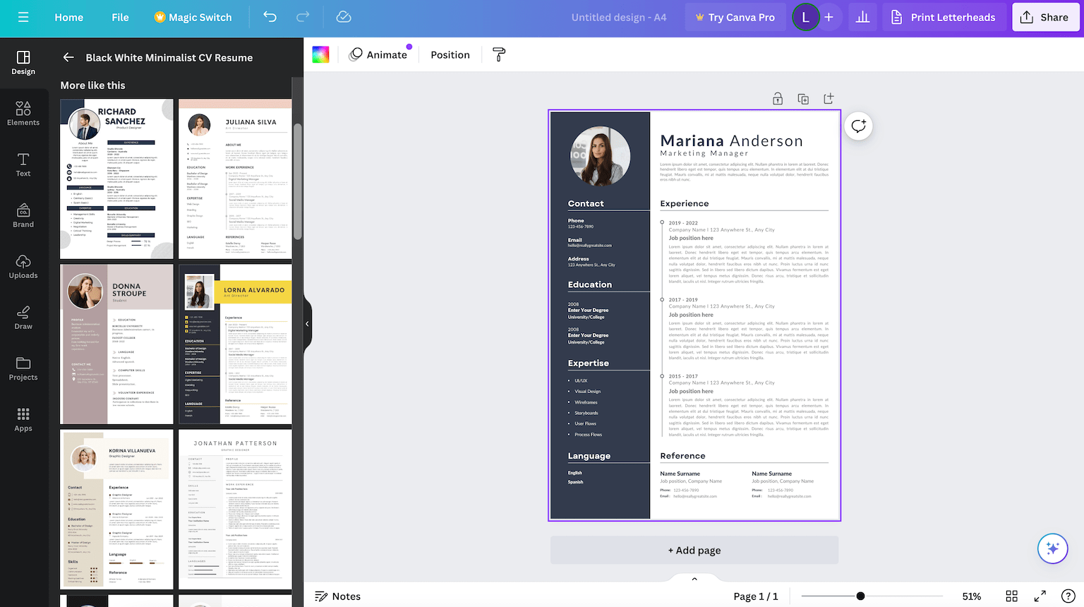 An example of Canva's resume builder