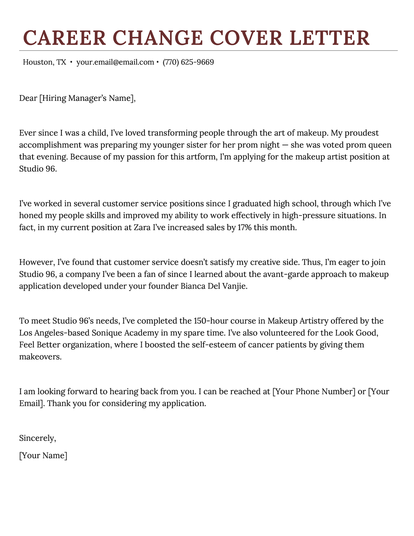 An example cover letter for a career changer.