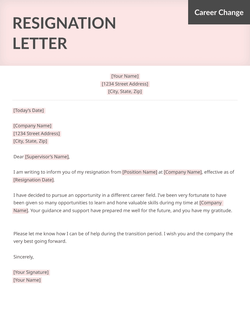 A career-change letter of resignation template