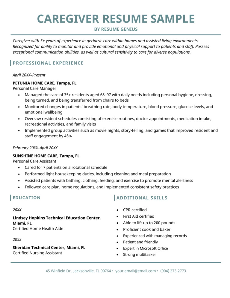 resume sample objective caregiver