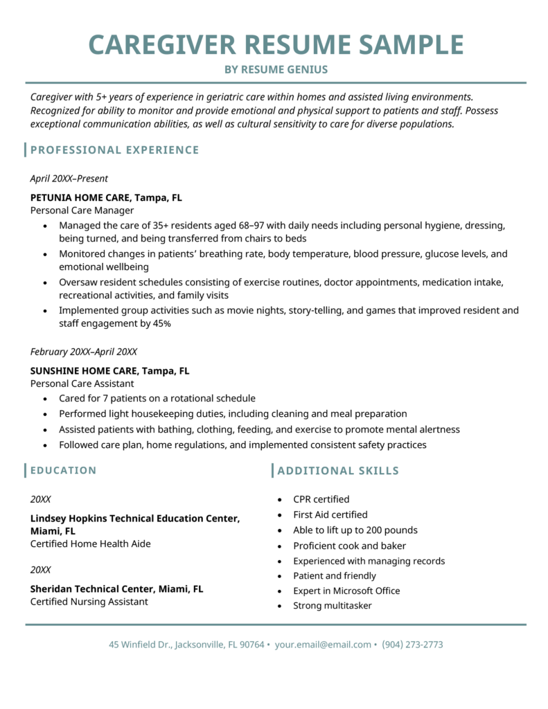 Caregiver Resume Example amp Writing - Caregiver Resume Sample Empire State Resume Template Turquoise 1 791x1024