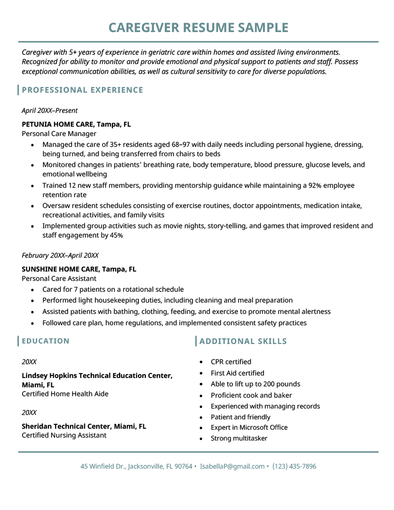 Caregiver resume sample template