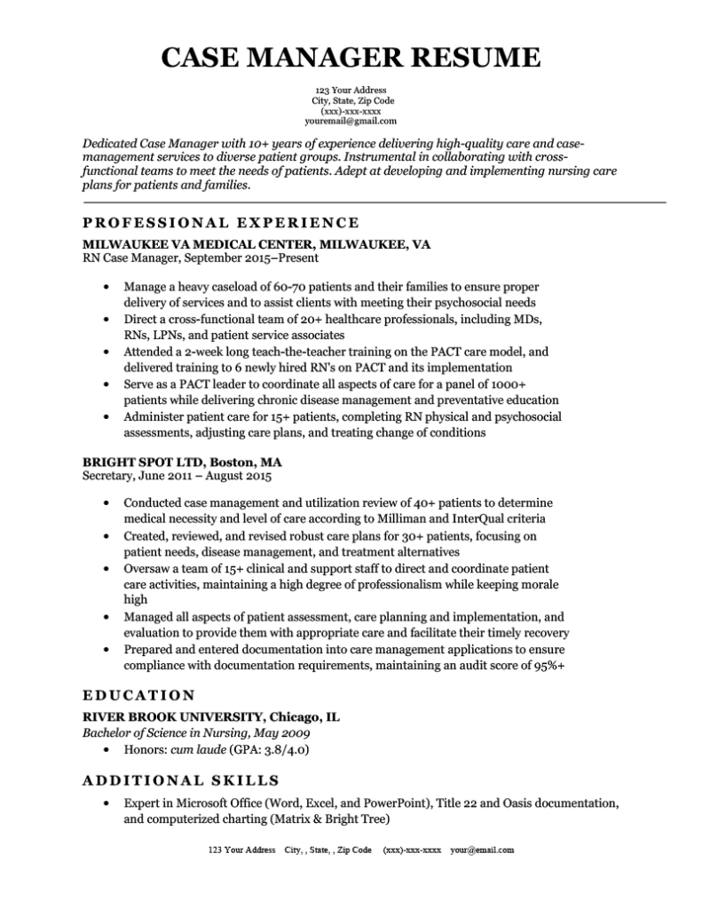 resume summary examples for case manager