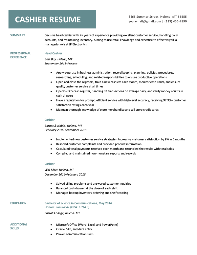 Objectives In Resume For Cashier