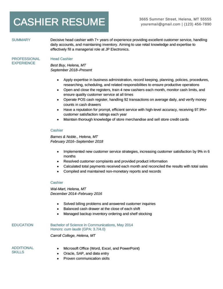 bank cashier job description for resume