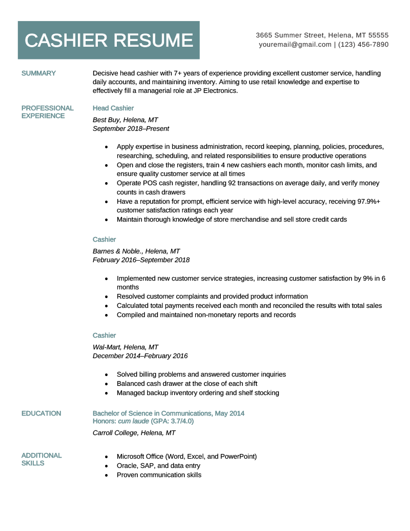 An image of a cashier resume example