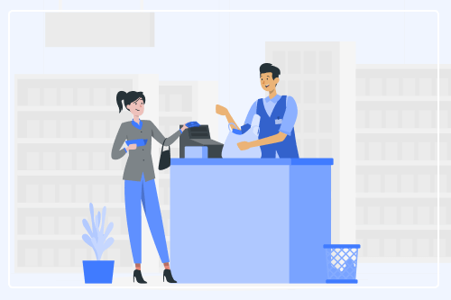 A cashier assisting a woman in a store environment as an example of cashier skills