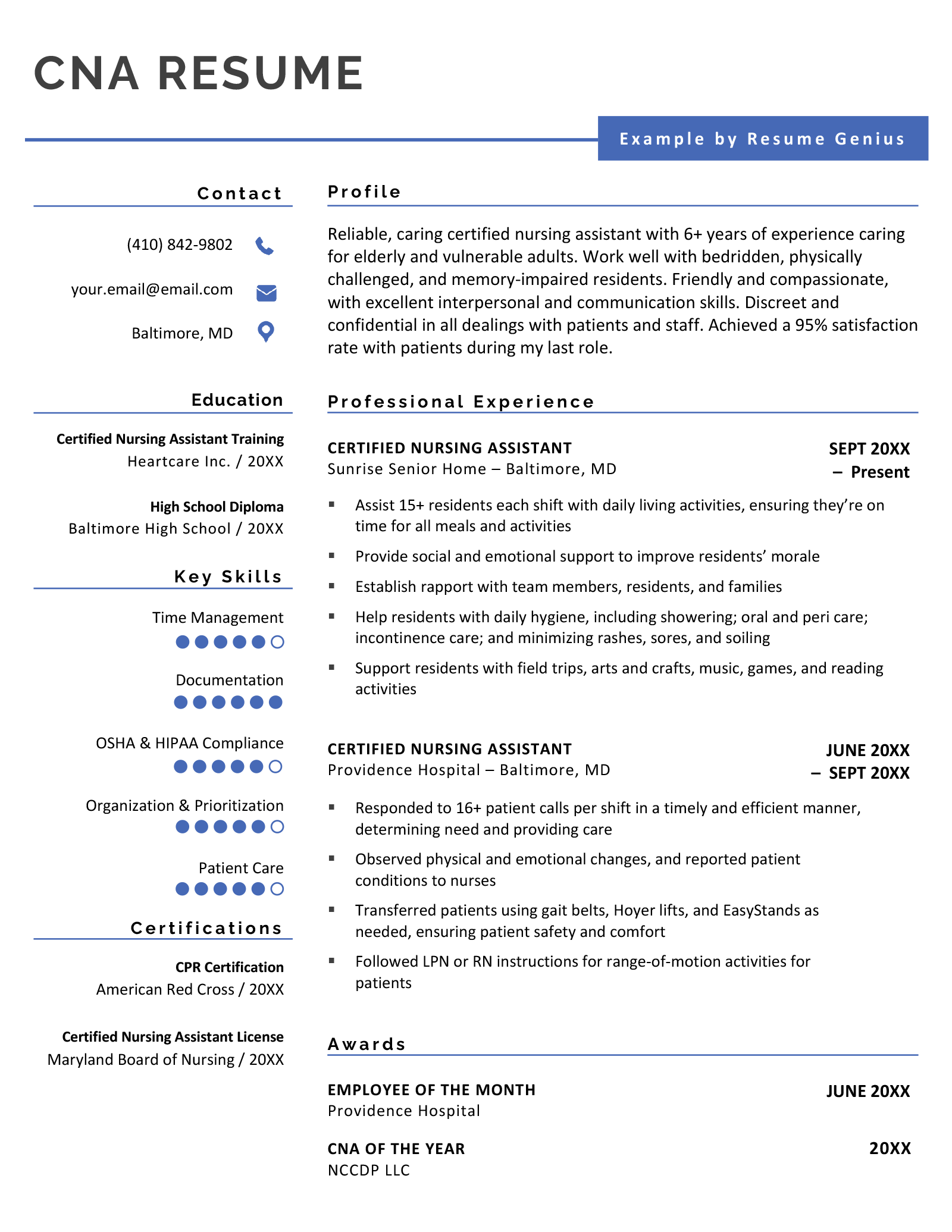 An example of a CNA resume for certified nursing assistants of all experience levels