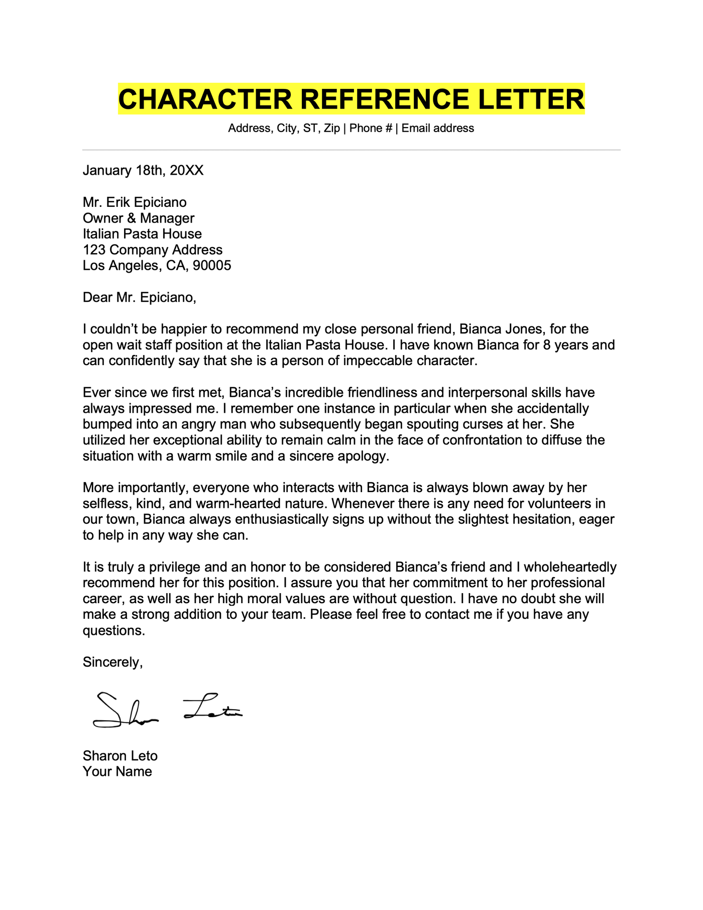 An example character reference letter.