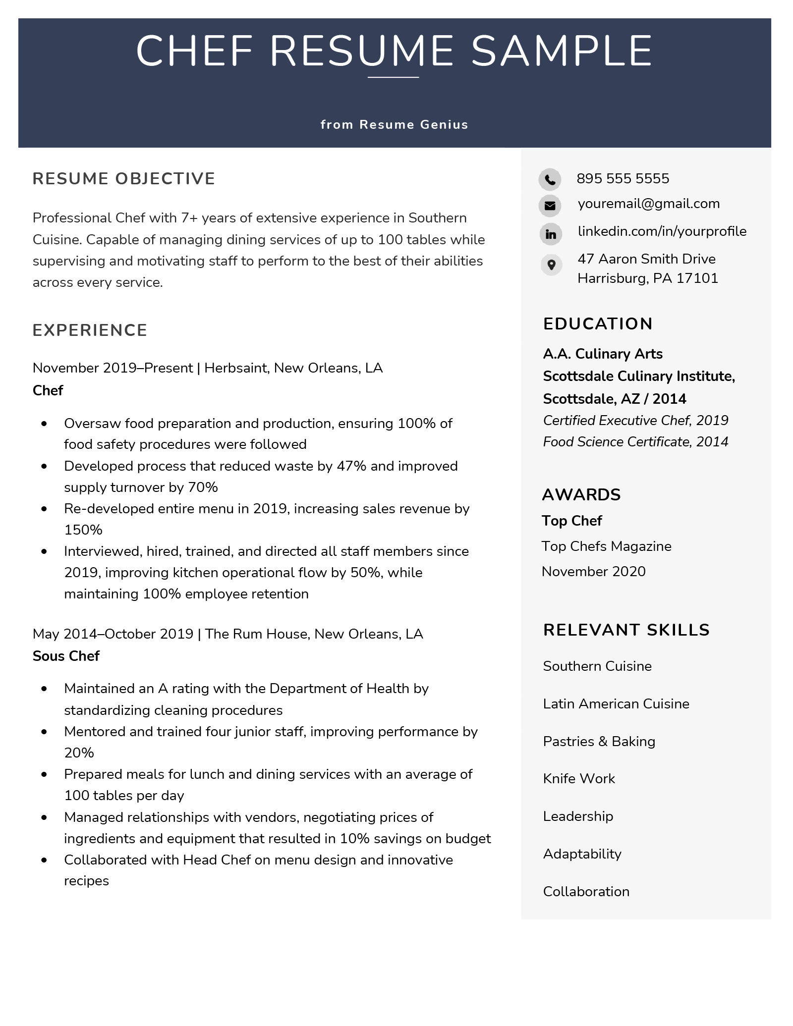 A chef resume example with a bold header and sections for the applicant's resume objective, work history, awards, and relevant skills