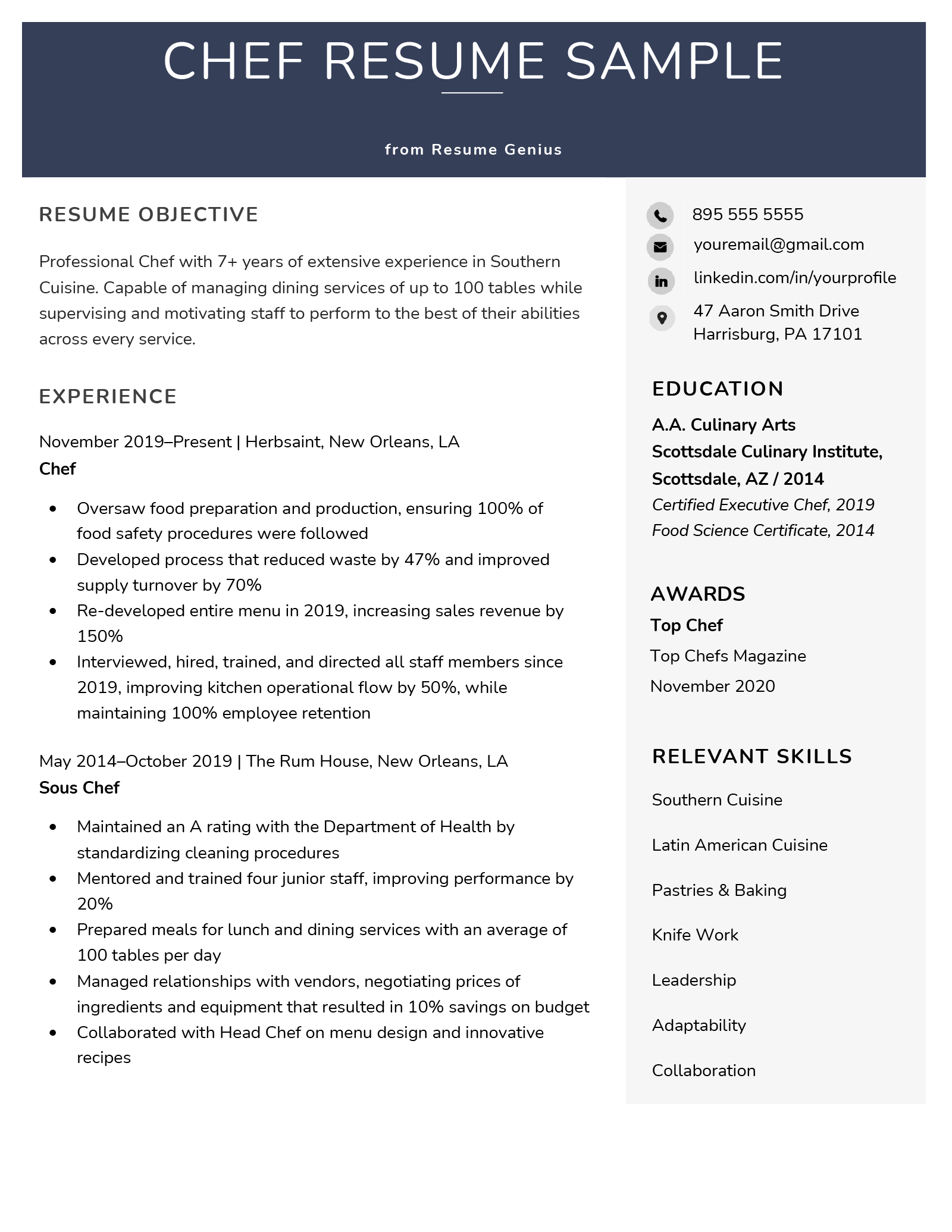 Chef Resume Example Writing Guide Resume Genius