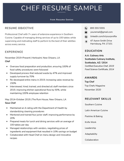 A chef resume example with a bold header and sections for the applicant's resume objective, work history, awards, and relevant skills