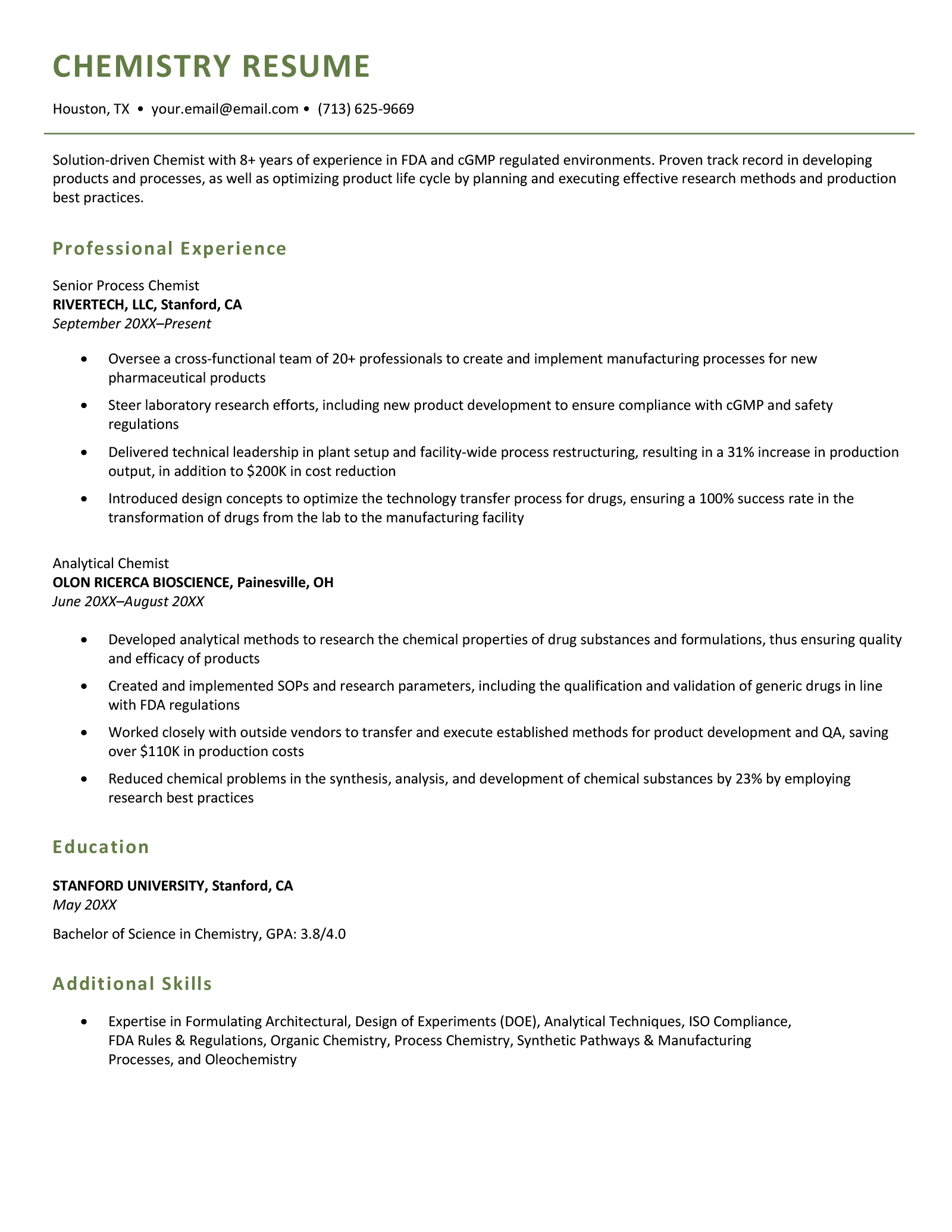 Chemistry Resume Sample