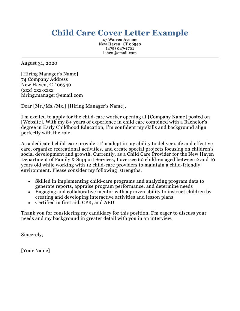 Child Care Cover Letter [Free Example] | Resume Genius, image size:800x1035