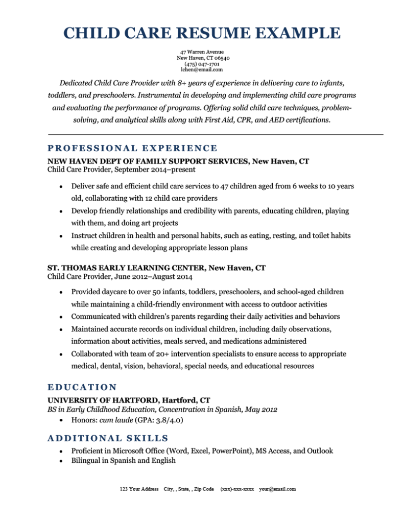 summary for resume examples daycare