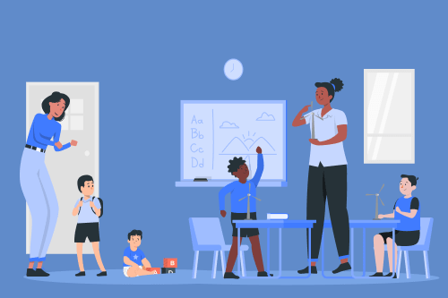A cartoon image with two child care providers interacting with four children to illustrate childcare skills for resumes