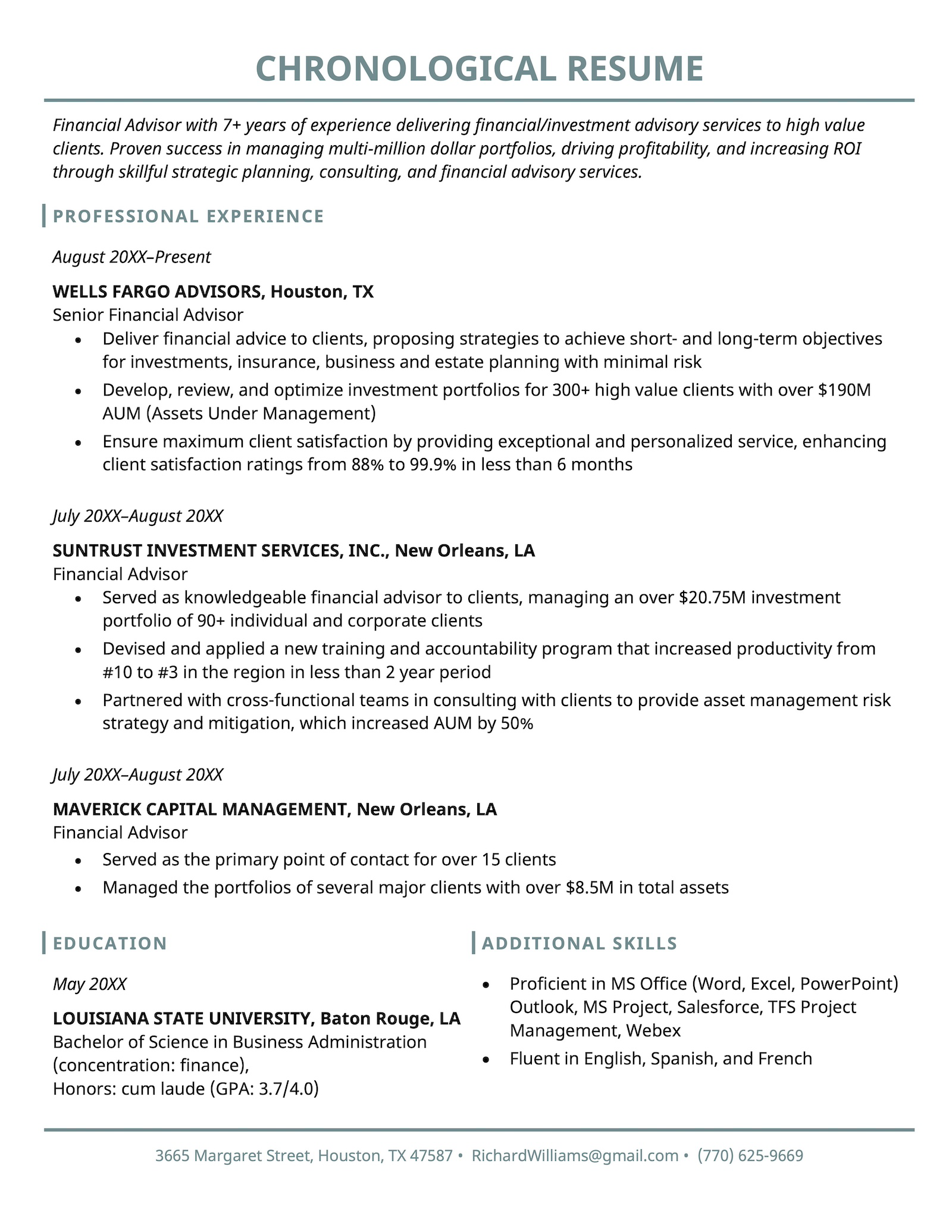 Example of the most popular format, the chronological resume format, that lays out the candidate's work history in reverse chronological order and lists education and skills underneath.