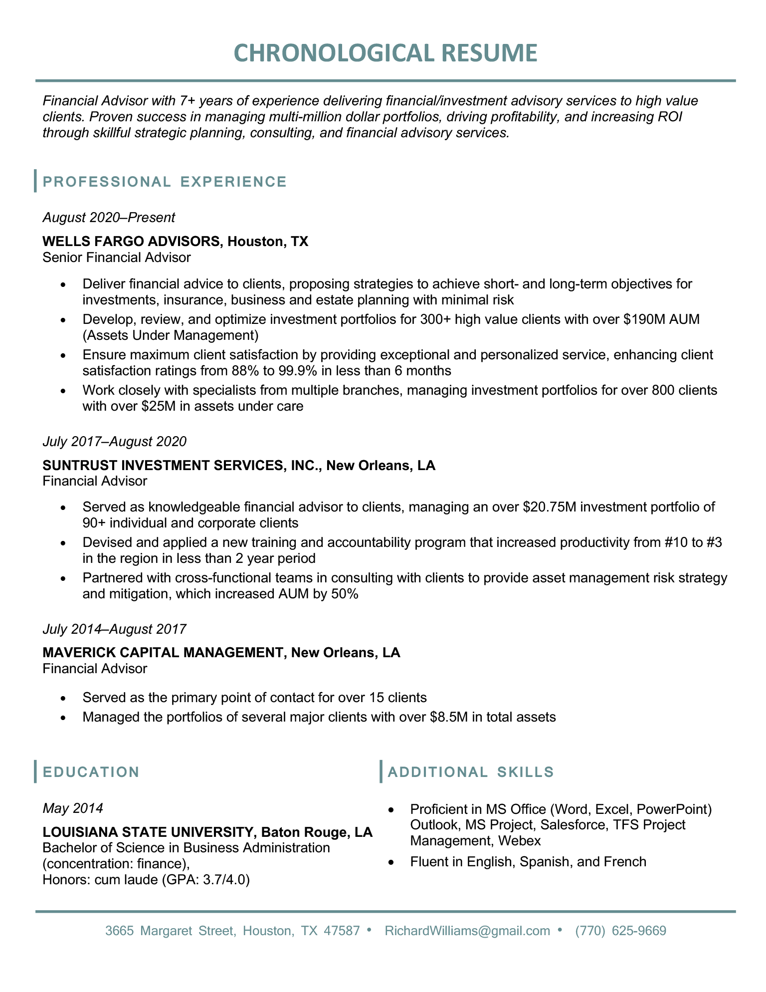 Example of a traditional chronological resume, in which each job is listed in the order the candidate held it