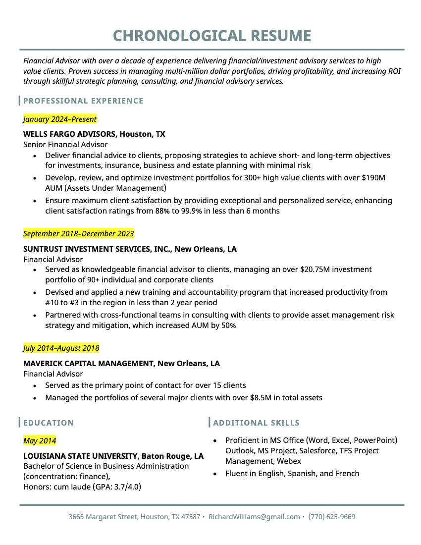 Example of the most popular format, the chronological resume format, that lays out the candidate