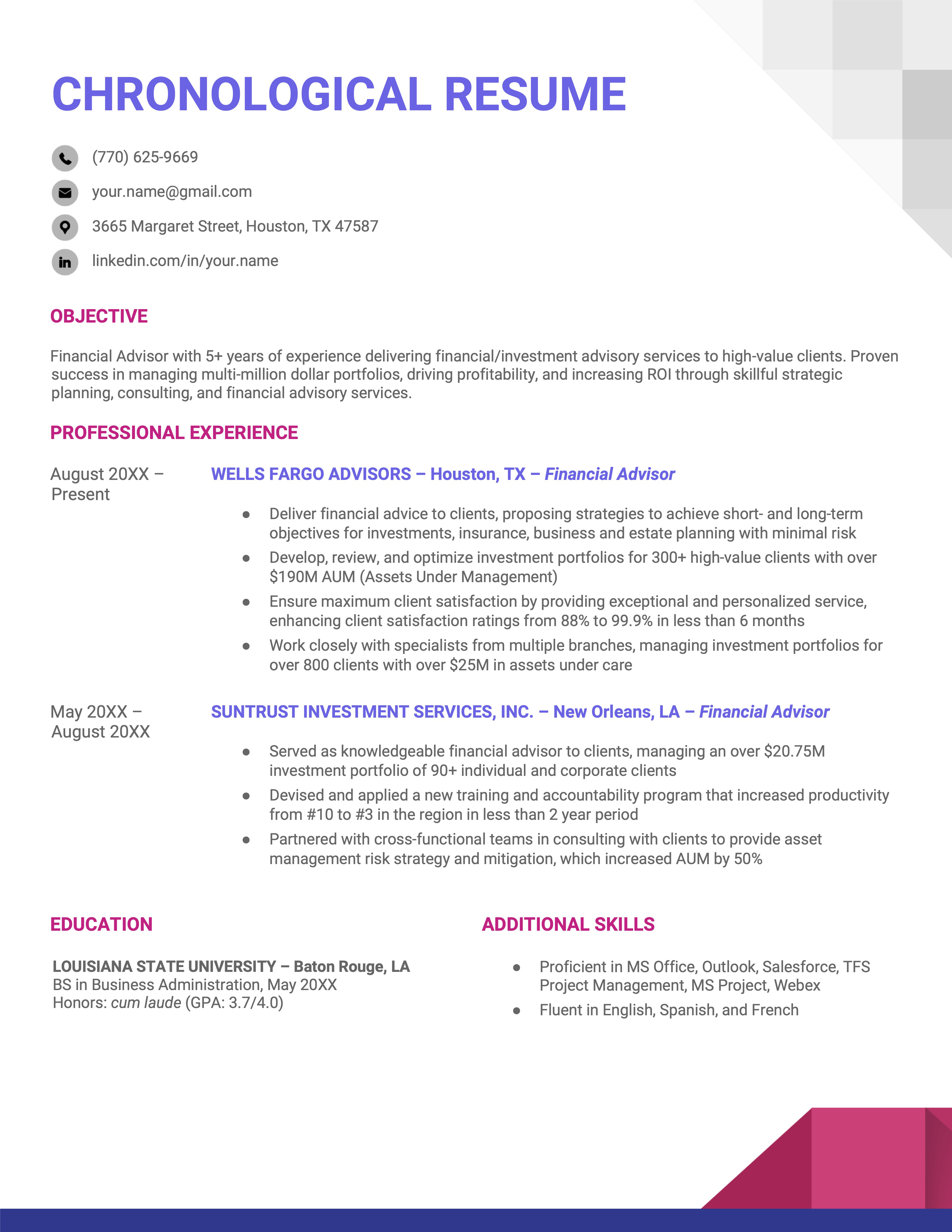 An example of a chronological resume format for a financial advisor