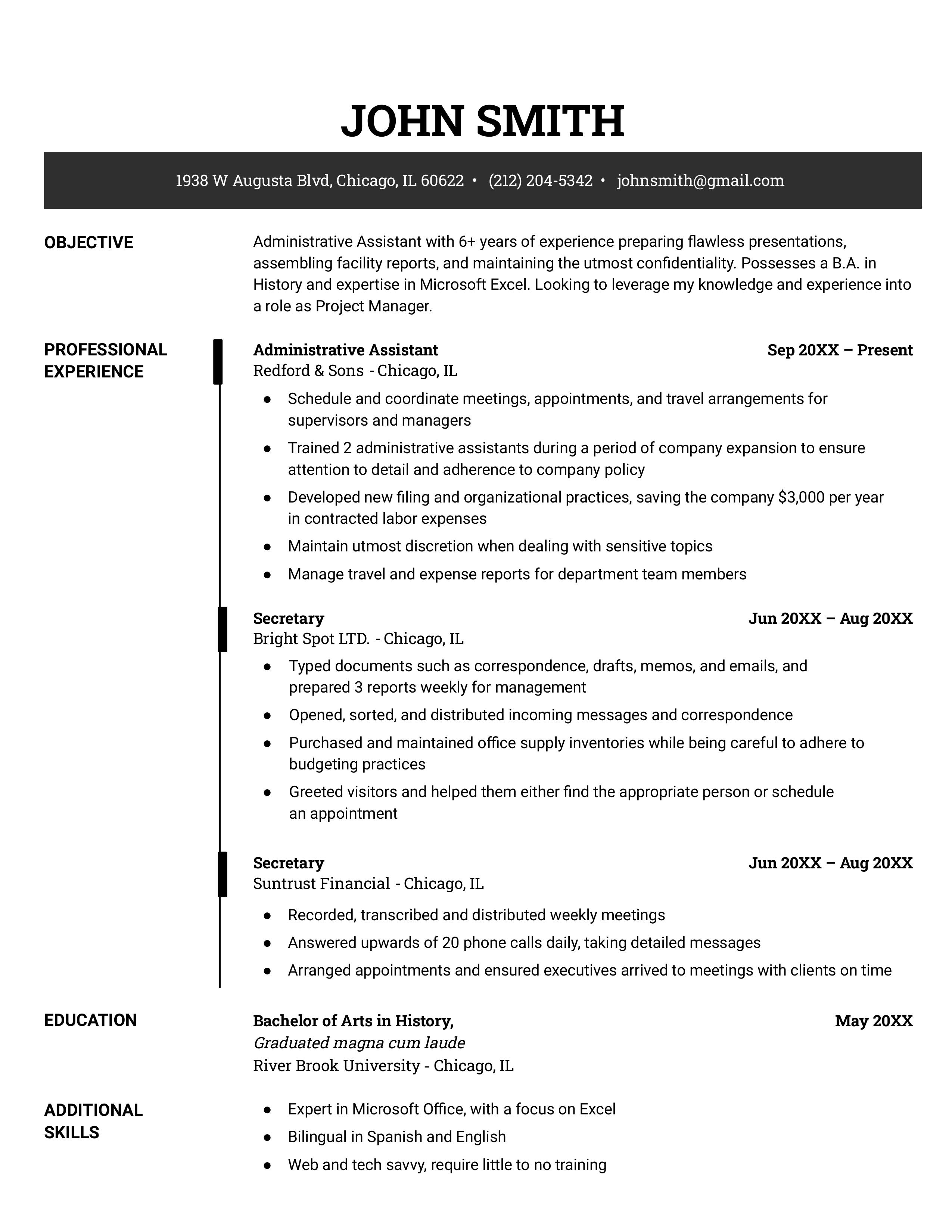 An example of a chronological resume layout on a simple template with blue header text.