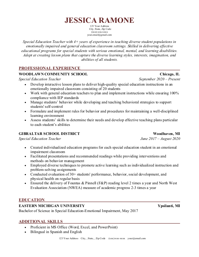 A teacher's chronological resume example