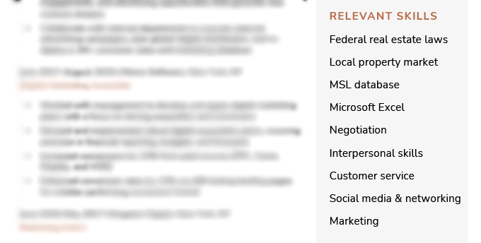 An example of a chronological skills section that includes a mix of hard and soft skills for a real estate agent.