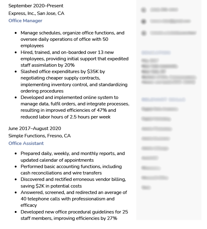 An example of work experience on a chronological resume, with the current position listed first, and the previous position listed below.