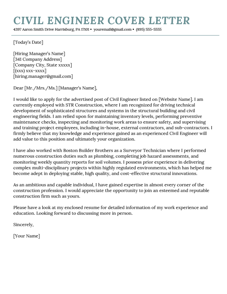 graduate civil engineering cover letter