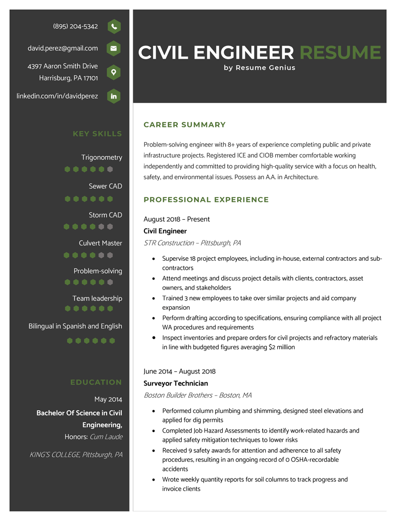 Civil Engineer Resume Example & Writing Tips