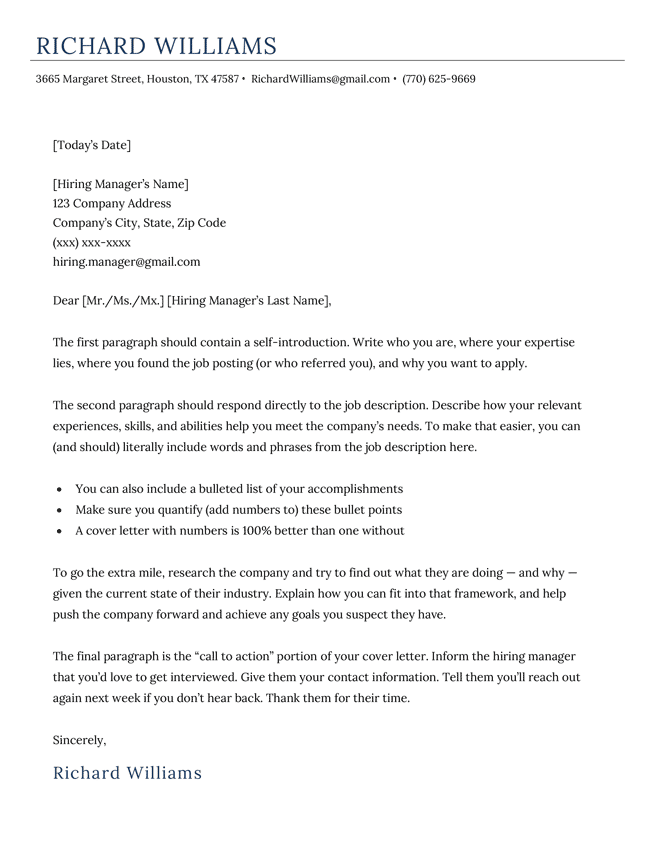 The Classic 2.0 cover letter template in dark blue, used for the /cover-letter-templates hub page