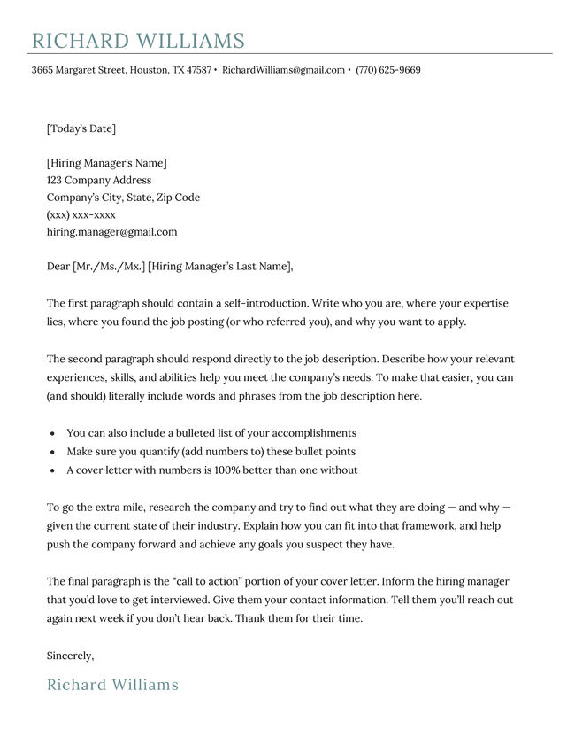 The Classic 2.0 Cover Letter Template, Turquoise Color