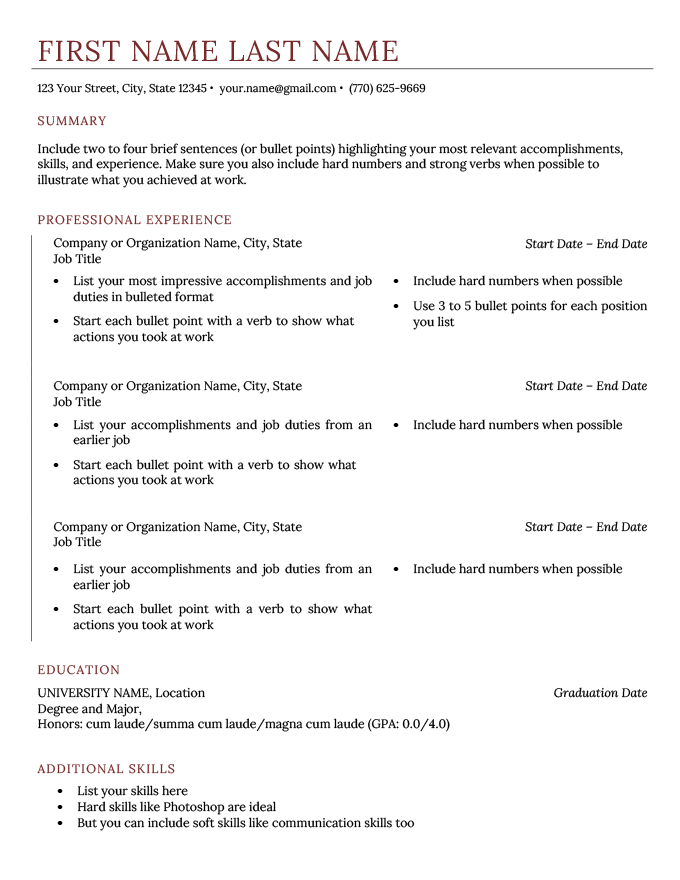 A formal empty resume template with a serif font and a clean vertical line drawing attention to the work experience section