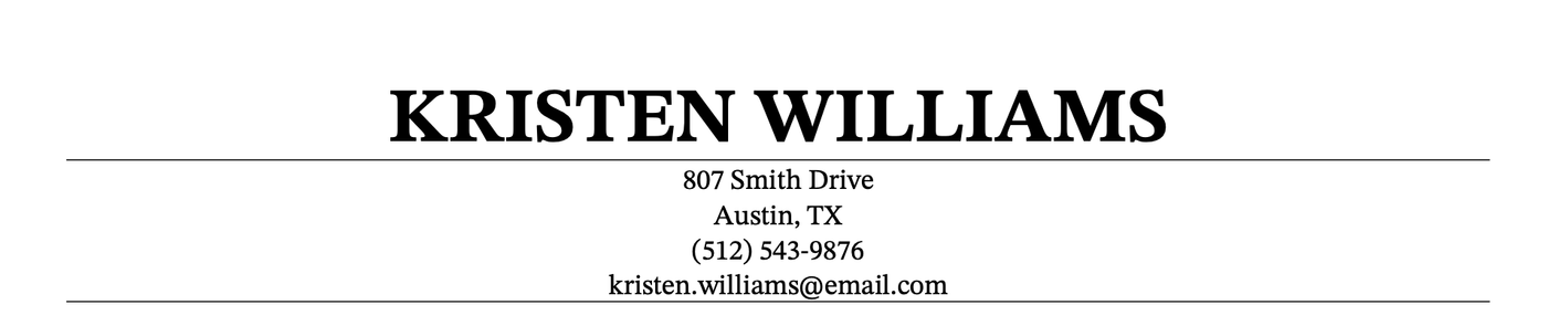 Classic cover letter template in black and white showing a cover letter header example with a name, mailing address, phone number, and email address.