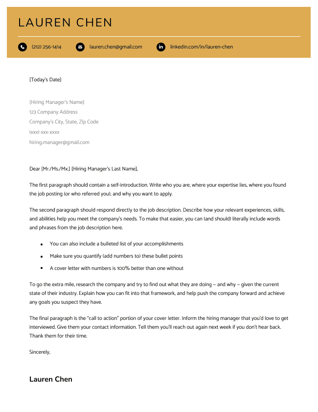 The Clean cover letter in yellow, featuring a modern design and icons for each section of your contact information