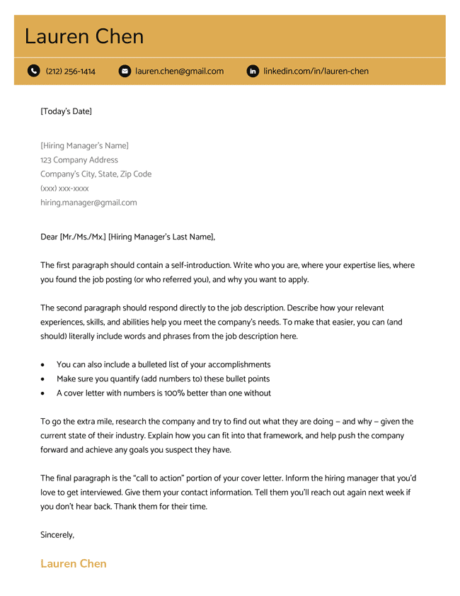 The Clean modern cover letter template in yellow