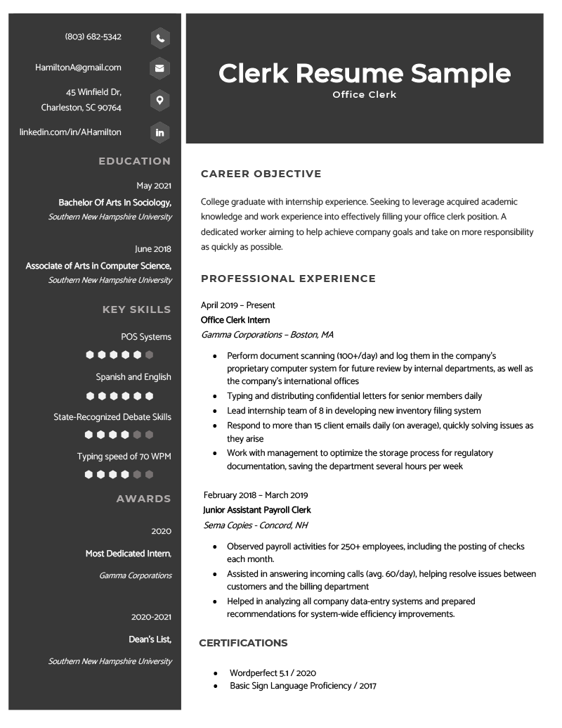 Sample template for a clerk resume