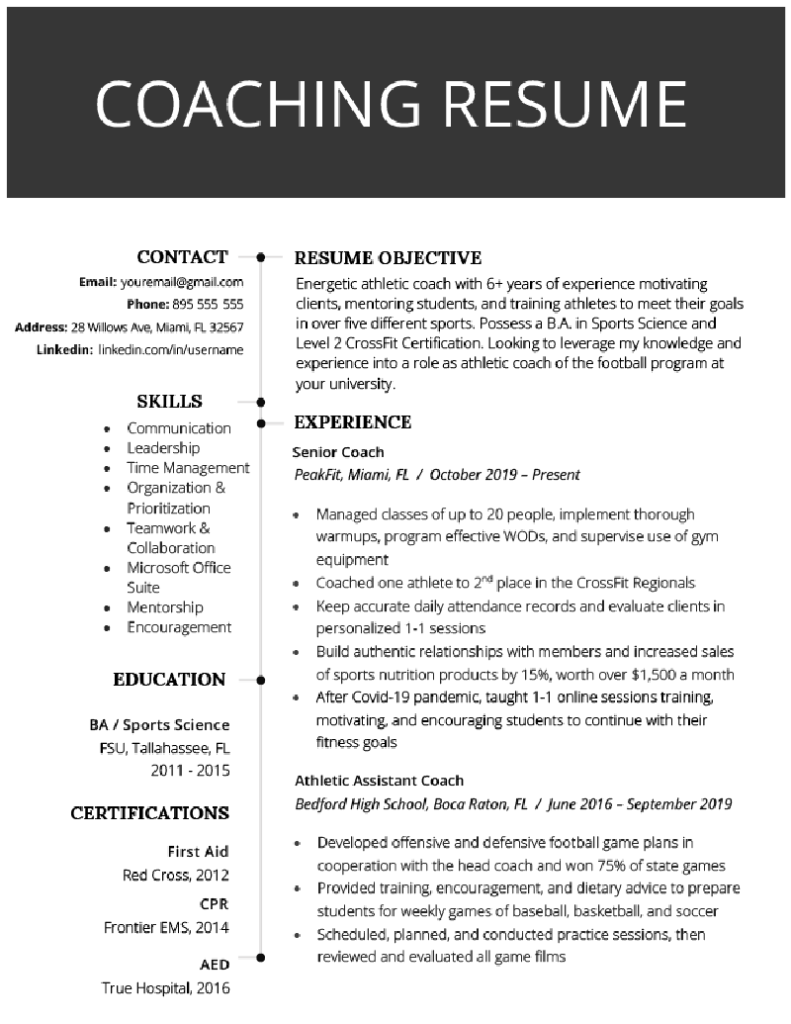 resume objective examples sports coach