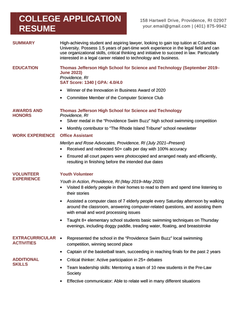 college application resume format