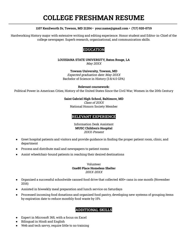 How to Write a College Freshman Resume (Examples Template)