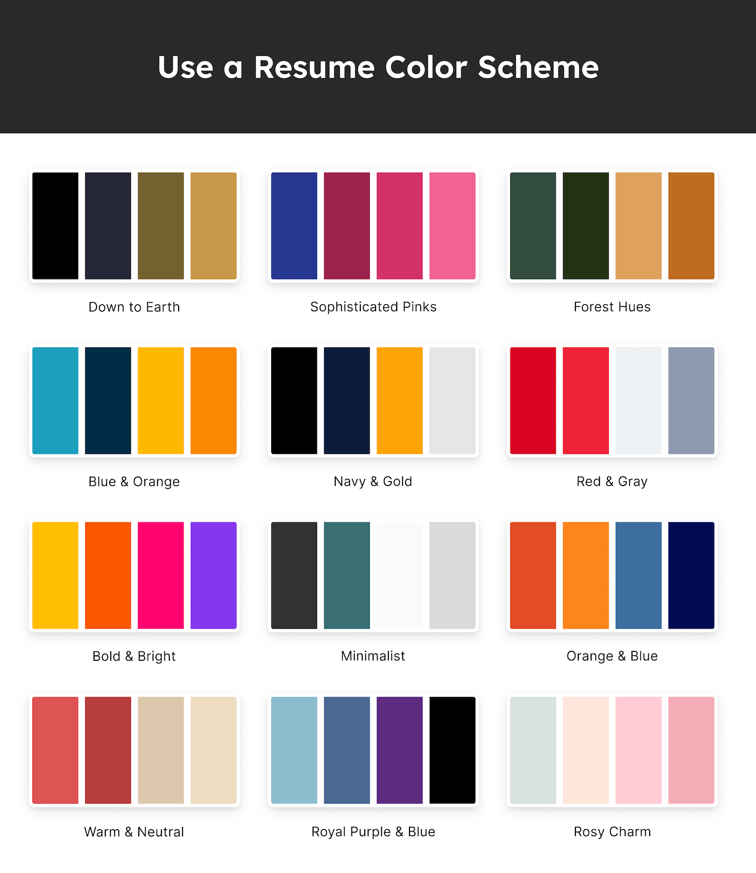 Examples of various resume color palettes.